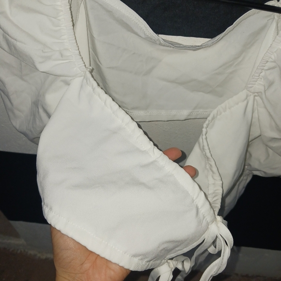 Women sexy white tie puffer elastic long sleeve top - Picture 12 of 16